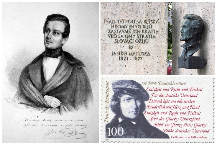 Startbild_Nationalhymnen / The three authors of the respective national anthems from left and top to bottom: Josef Kajetán Tyl, Janko Matúška and August Heinrich Hoffmann von Fallersleben. 

Josef Bekel (+ 1865); Foto Peter GEymayer, Josef Kajetan Tyl Litho, als gemeinfrei gekennzeichnet, Details auf Wikimedia Commons // 

Pepo13, Janko Matúška, Memorial at Dolný Kubín,CC BY 3.0 // 

Briefmarke zum Gedenken an "150 Jahre Deutschlandlied" von Hoffmann von Fallersleben. Carl Woog, Copyrighted free use, via Wikimedia Commons //